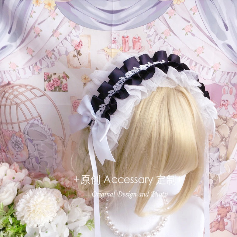 Homemade Doll-Style Lace Headband Lolita Hair Accessory Natural Color Hair Ornament Pink and White Bridal Handmade Small Item