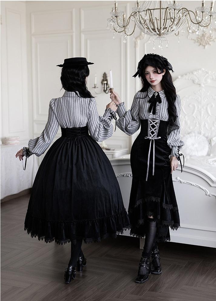 With PUJI - Dusk Moment - Classic Lolita Striped OP & Mermaid Dress Set, Fishbone Waist