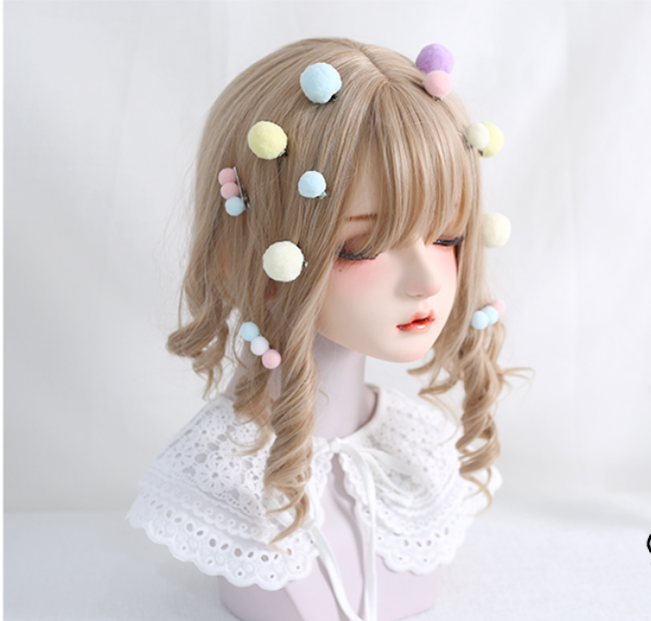 Xiaogui - Bared Sweet Lolita Accessory Pink - and Blue Pompom Hair Clip Headwear