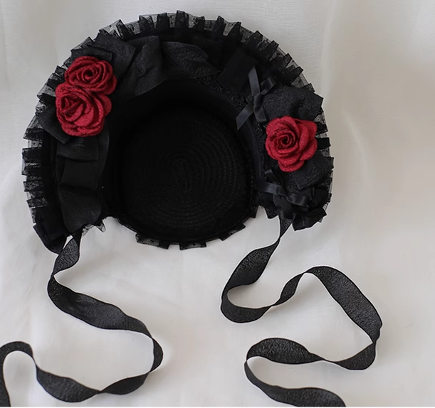Xiaogui - Gothic Lolita Black Lace Flowers - Bonnet Headwear
