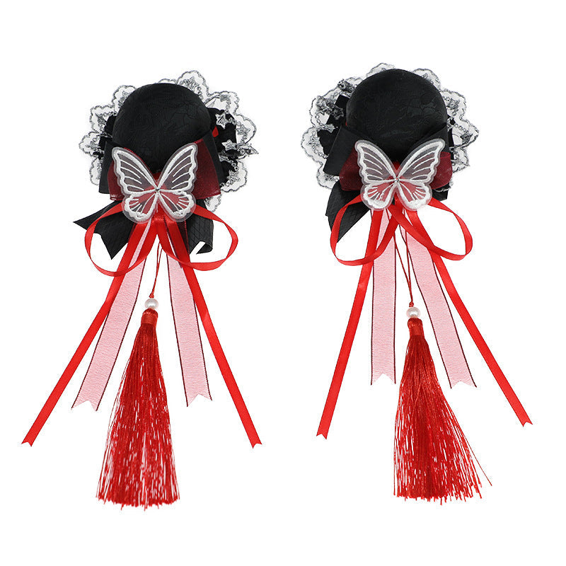 Handmade Lolita Chinese Style Bun Clip - Tassel Lace Bow Hair Ornament - Lolita Fetch