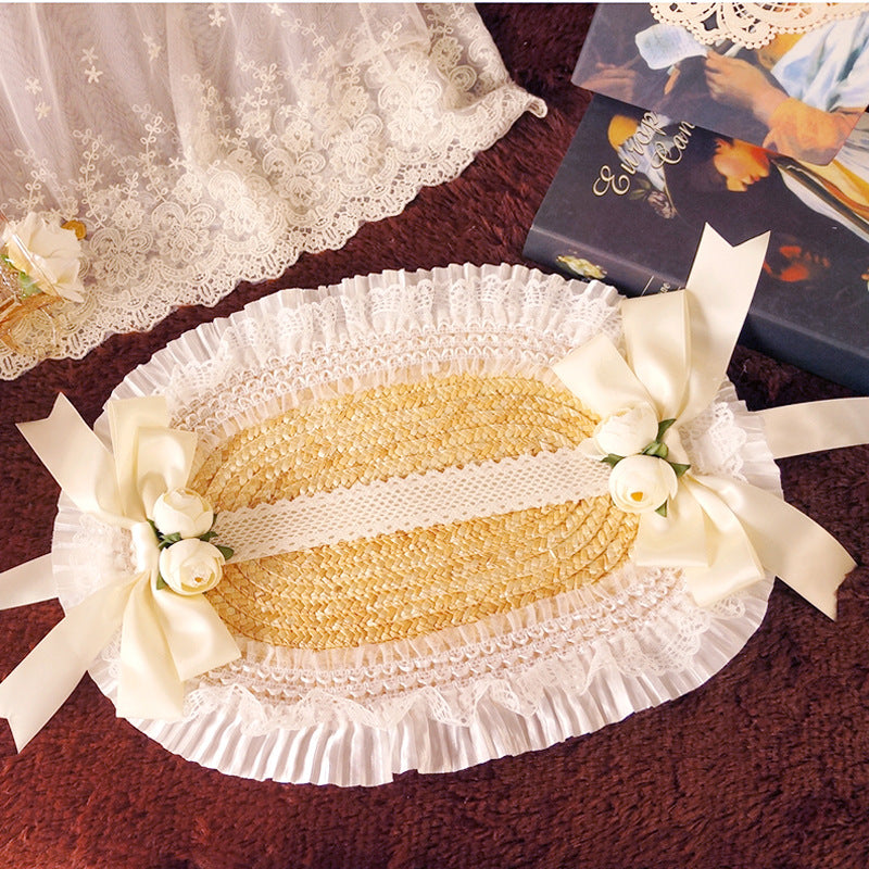 Fanmao Lolita French Flat Bonnet - Multi-color Pastoral Style Women's Summer Straw Hat