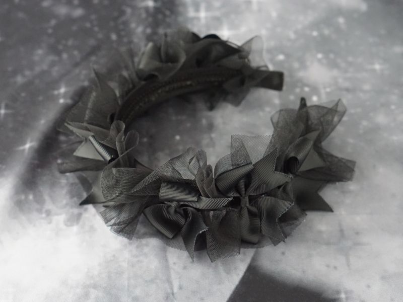 Black Gothic Lolita headband with dark punk lace and organza, featuring a handmade design for gothic and Lolita fashion styles.
