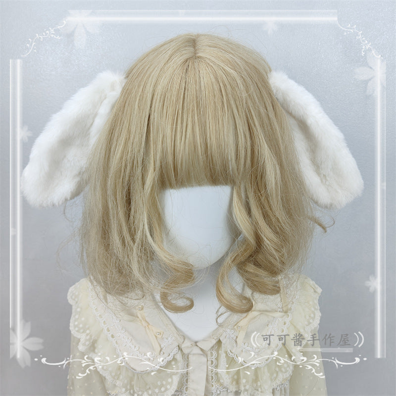 Pure white plush rabbit ear hair clip and headband, LolitaFetch bunny accessory with lop ears, ideal for cosplay and lolita fashion.