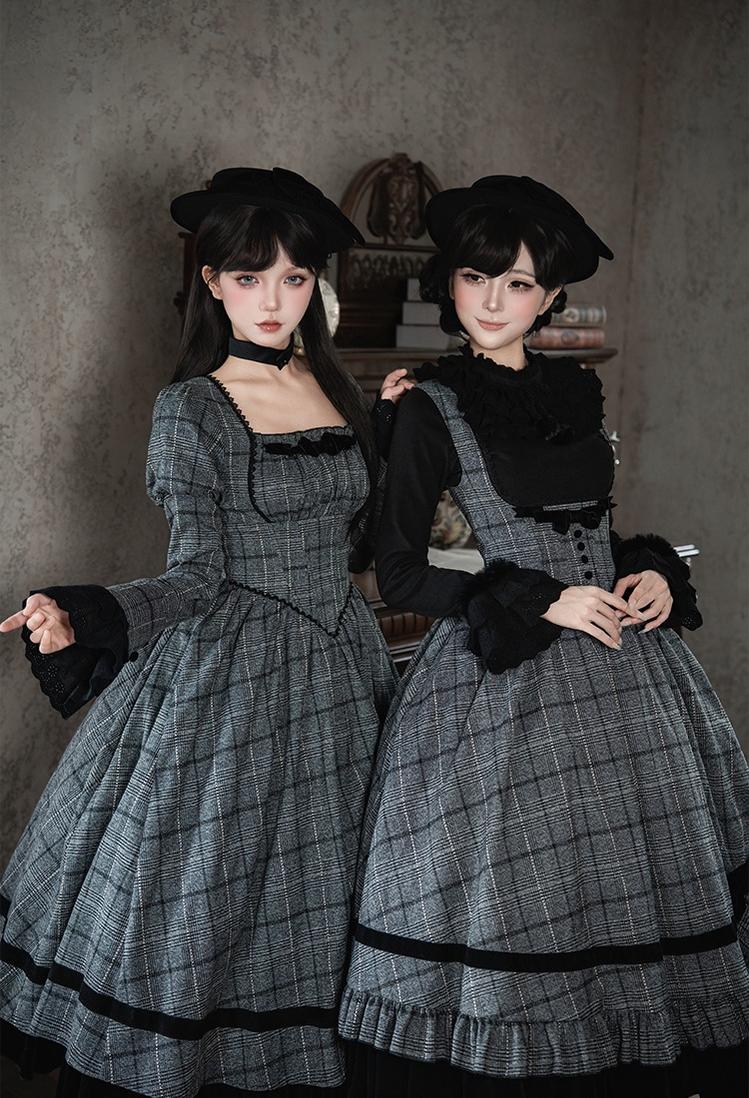 With PUJI - Yesterday's Epistle - Winter Classic Lolita Plaid Dress Set, Fishbone Waist