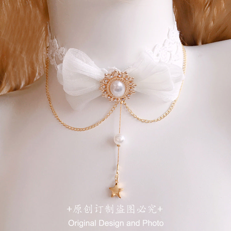 Soft Girl Lolita Necklace Daily Lace Pearl Water Drop Star Pendant Choker Accessories Small Items