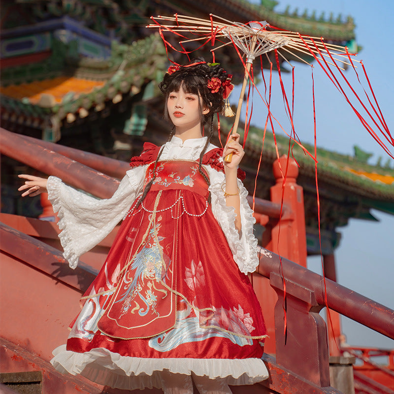 Morning Dew Hanfu - Inspired Lolita JSK | Gold - Woven Phoenix & Detachable Bead Chain - Lolita Fetch