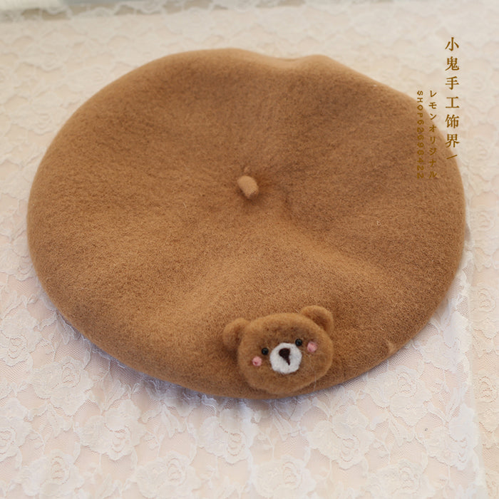 Lolita Bear Beret Handmade Wool Felt Mushroom Beret Super Cute Hat Artist Hat