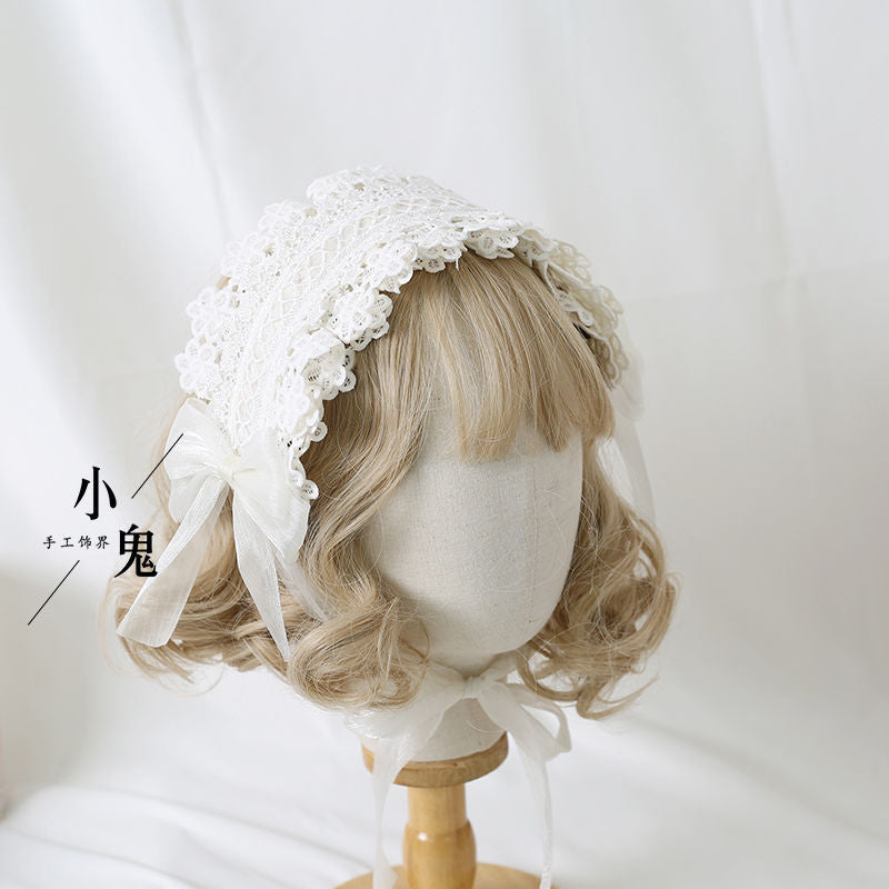 Miss Fula Lolita  Elegant Hairband Lolita Hairband Necklace White Wedding Black Hat