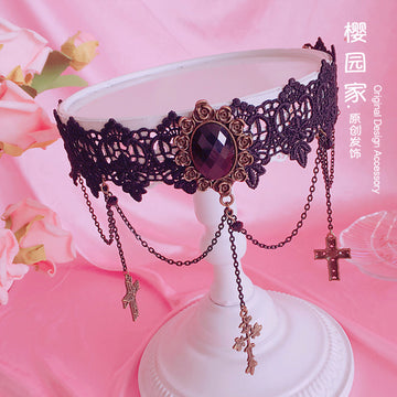 Gothic Retro Cross Choker Soft Girl Lolita Lace Short Necklace Collarbone Chain Accessory