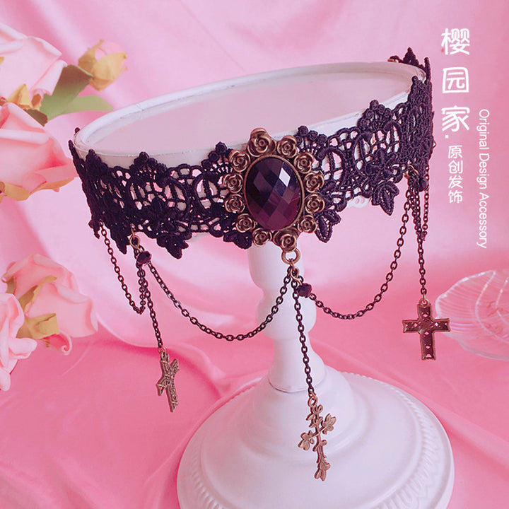 Gothic Retro Cross Choker Soft Girl Lolita Lace Short Necklace Collarb
