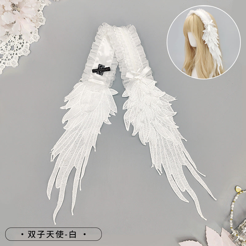 Dark Gothic Lolita Hair Accessories Angel Wings Lace Trim Headwear Lolita Wings Headband
