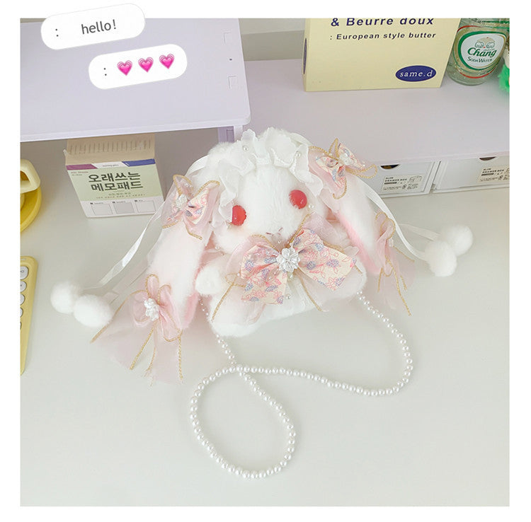 Lop-Eared Bunny Lolita Pearl Chain Doll Bag – 2025 Cute Bow Plush Shoulder Bag