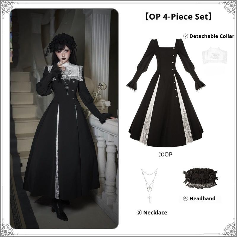 With PUJI - Raven's Night Song - Oriental Aesthetics Gothic Lolita Dress Set OP 4-Piece Set (pre order) S