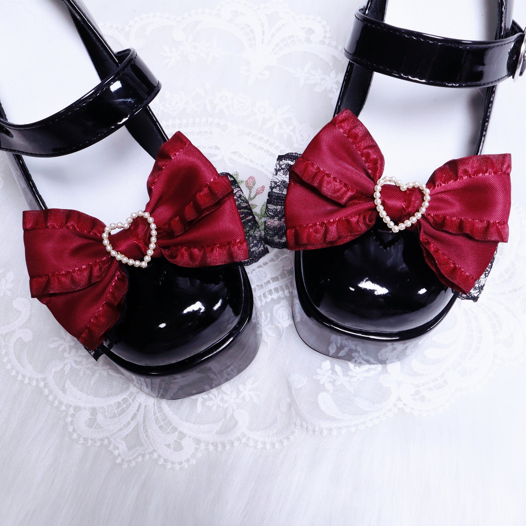 Original Handmade  Lolita Bow Shoe Clip - Sweet Cute Lace & Pearl Heart Versatile Basic Accessory
