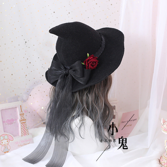 Halloween Lolita Rose Flower Big Bow Halloween Witch Hat Witch Hat Witch Hat Head Accessories - Lolita Fetch