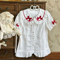 Sugar Girl - Japanese Soft Girl - Short-Sleeve Top with Lace Collar - Red / M
