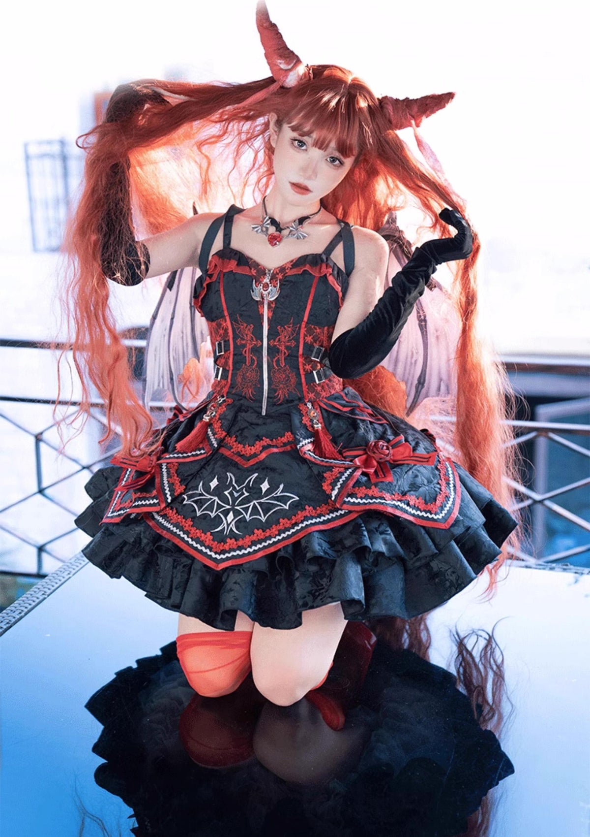 OCELOT - Dark Bat Motion - Black-and-Red Gothic Lolita JSK Dress with rose and cross embroidery - product detail 8