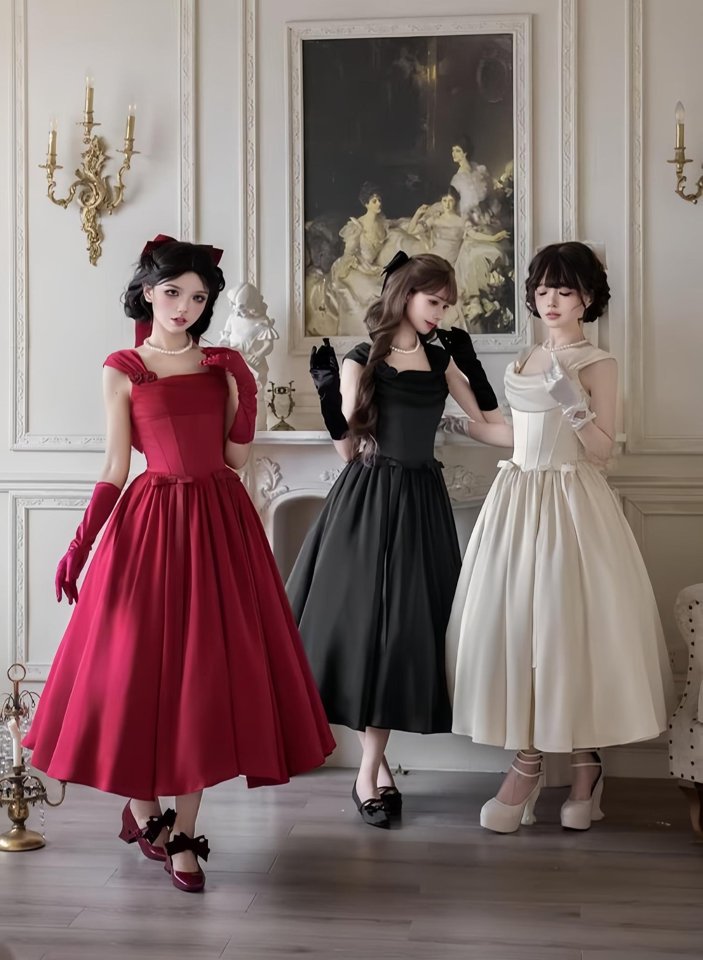 With PUJI - For Beloved - Classic Lolita Satin JSK Dress Set, Fishbone Waist
