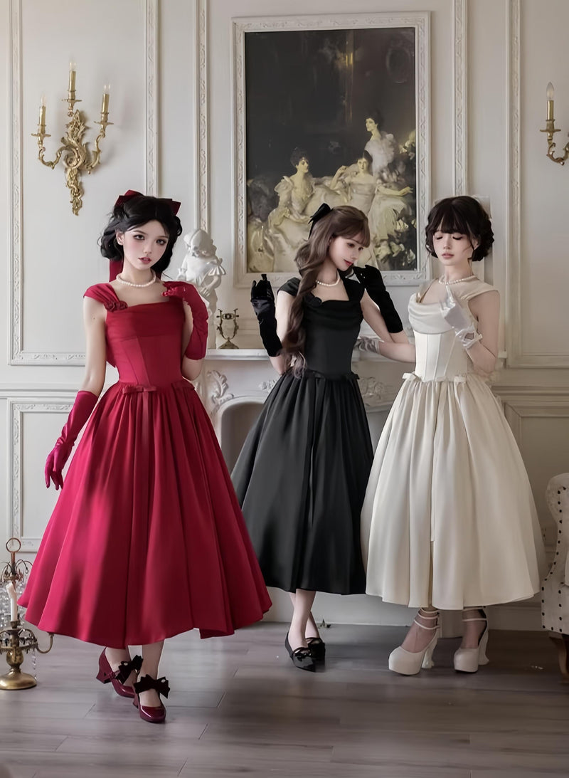 With PUJI - For Beloved - Classic Lolita Satin JSK Dress Set, Fishbone Waist