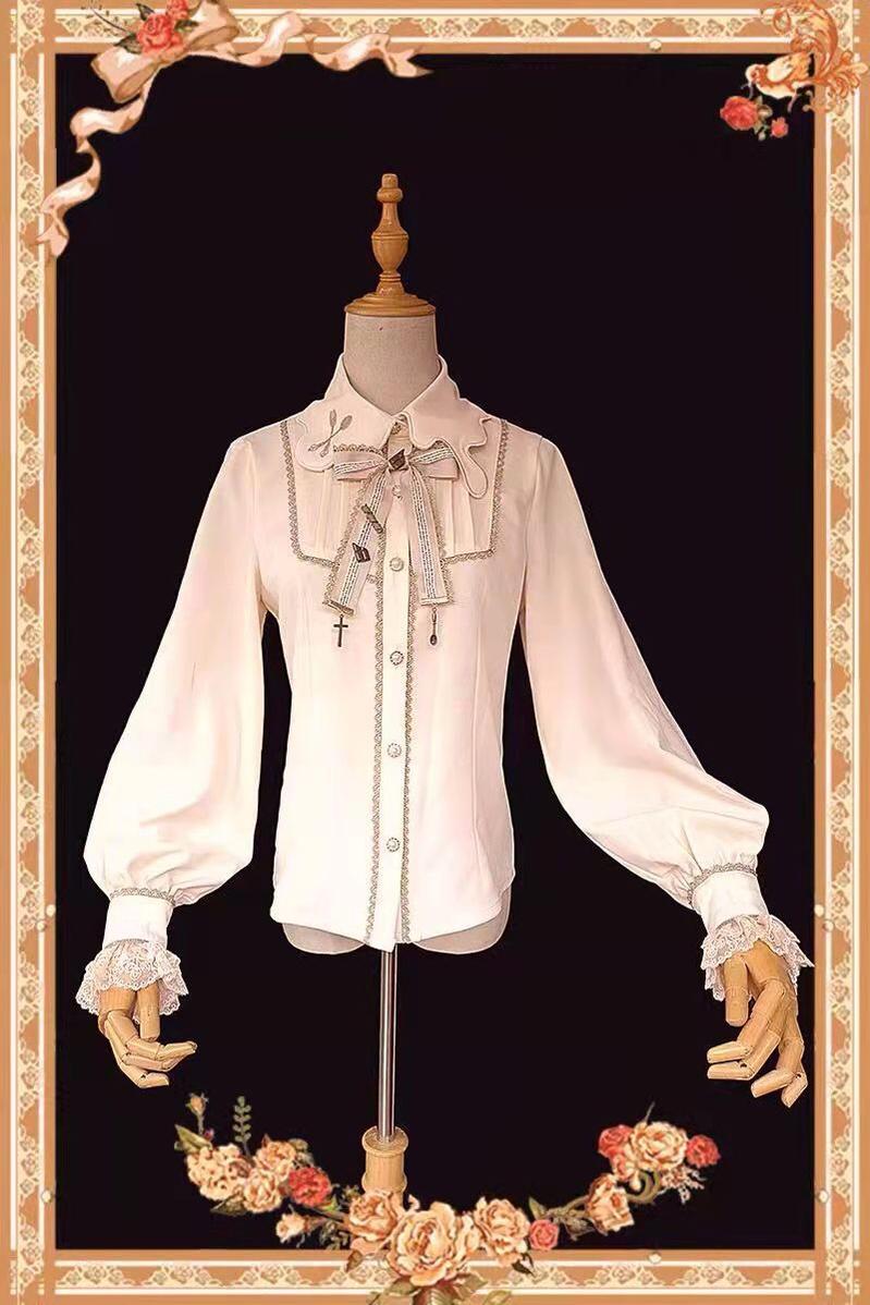 Chocolate Carousel - Kawaii Lolita Salopette Dress Set Beige Blouse (without bow brooch) S