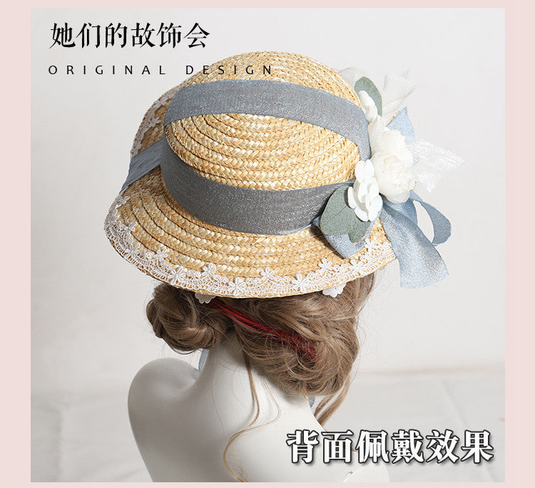 Lolita Flower Straw Hat for Women Summer Flat Hat Lolita Sun Protection Shade Han Yang Eclectic Mori Style Hat for Women