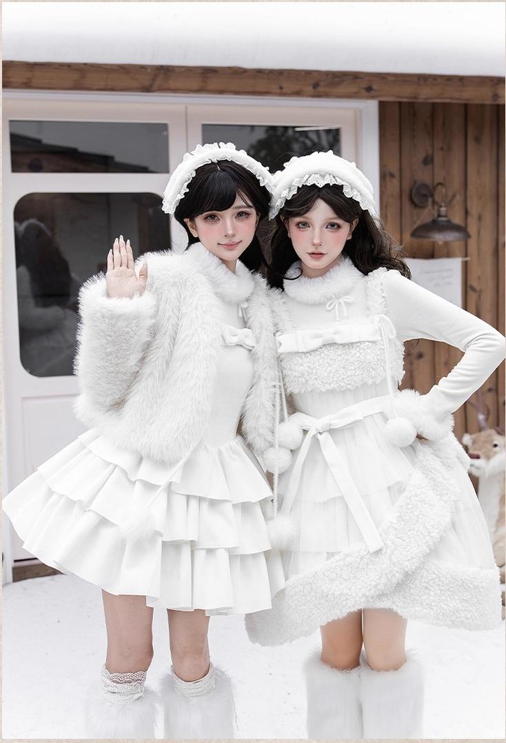 With PUJI - White Choco - Winter Kawaii Lolita JSK Dress Set, Fluffy Accents