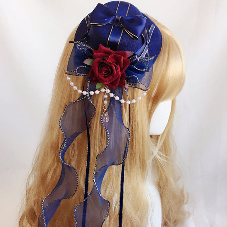 Handmade Gothic Lolita Pill Crown Hat - Cyan & Burgundy Flower Decor Versatile Small Headwear