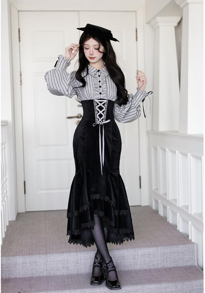 With PUJI - Dusk Moment - Classic Lolita Striped OP & Mermaid Dress Set, Fishbone Waist