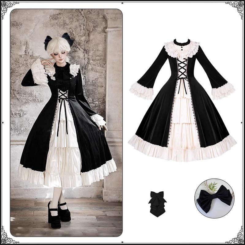 The Nutcracker - Winter Classic Lolita OP Dress, Front Opening Black OP + Black Jabot + Black Bow S