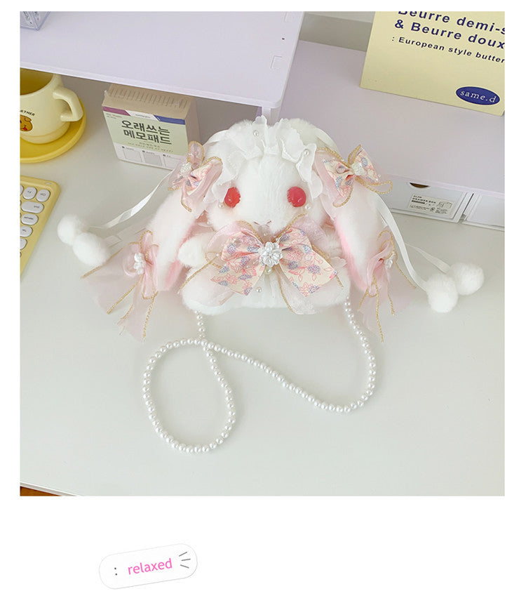 Lop-Eared Bunny Lolita Pearl Chain Doll Bag – 2025 Cute Bow Plush Shoulder Bag