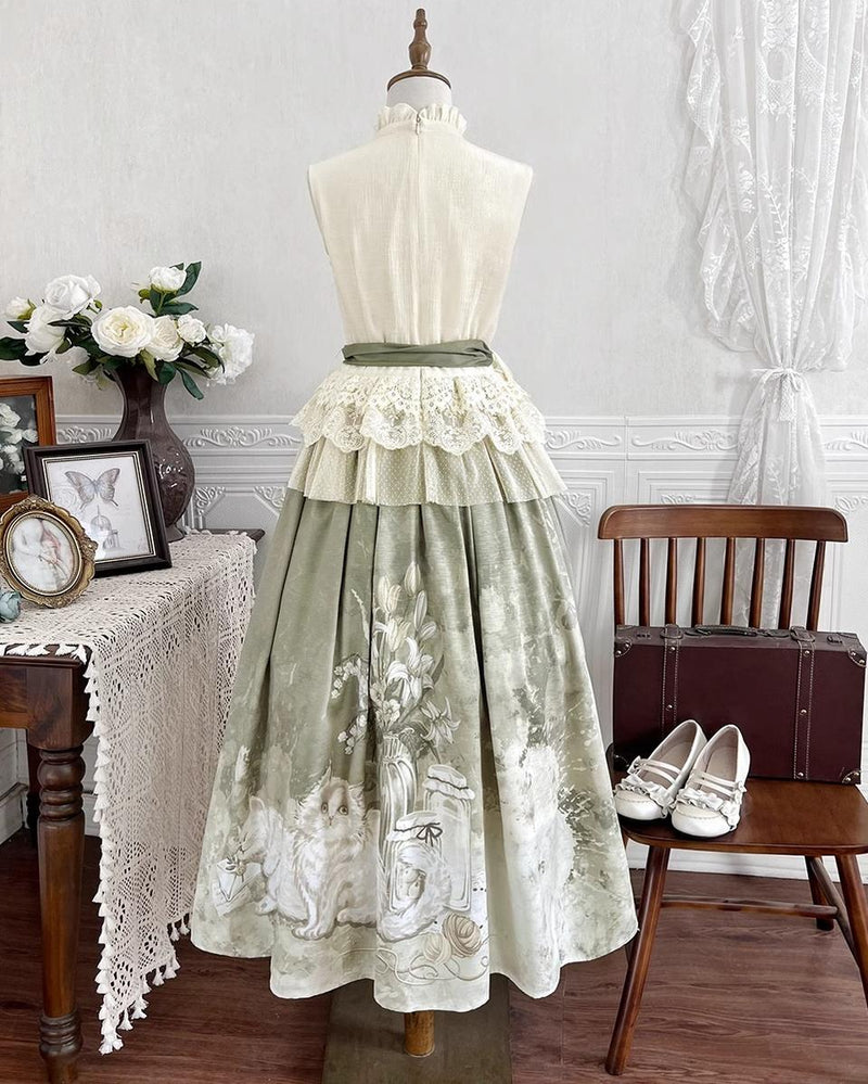 Designer's Gift - Morning Moments - Chinese-style skirt set with floral and cat prints - product detail 4