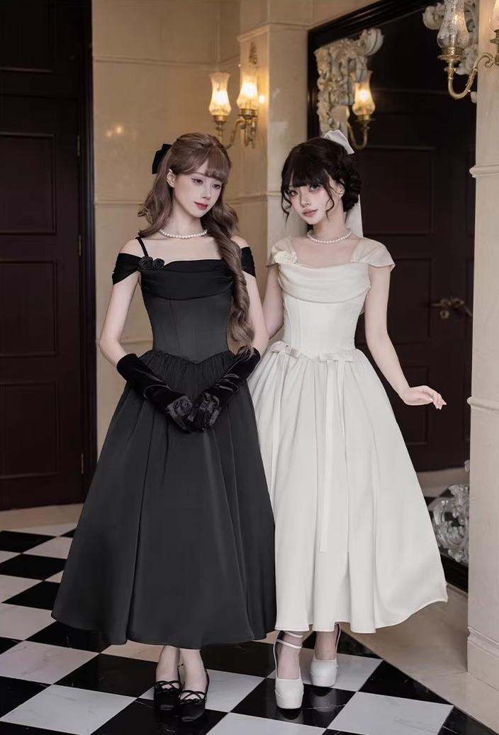 With PUJI - For Beloved - Classic Lolita Satin JSK Dress Set, Fishbone Waist