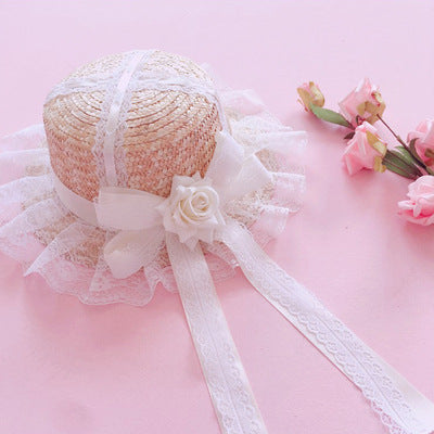 Lolita Multicolor Handmade Sweet Lace Long Ribbon Straw Hat Flat Top Sunshade Handmade Soft Girl