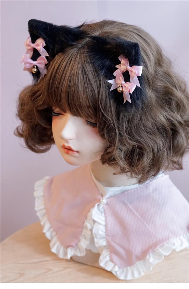 Original Handmade Faux Fur Plush Cat Ear Animal Ear Bow Hair Clip Side Clip Black Pink Japanese Lolita