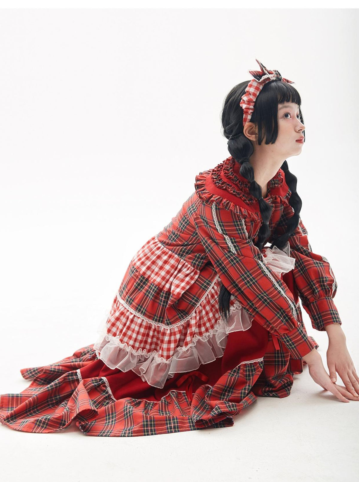 SOS MEME CLUB - Vintage Plaid - Red Vintage Lolita OP dress with a doll collar - product detail 10