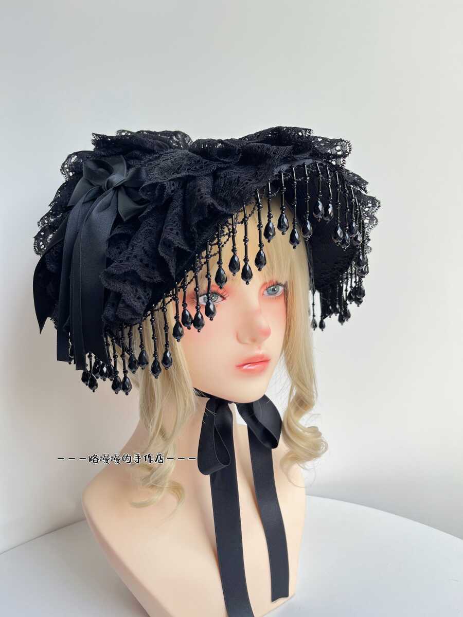 Original Lolita Handmade Gothic Dark Widow Hat Black Pearl Tassel Lace Black Rose Feather Photo Prop