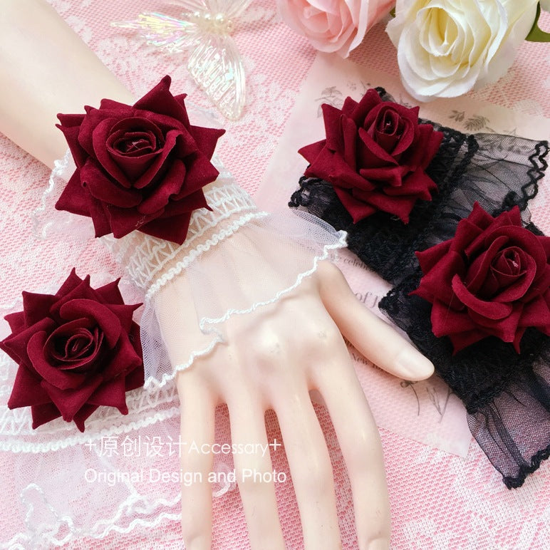 Dark Lolita Lace Wrist Cuffs for Women, Burgundy Rose Dress Cuffs with Wrist Flowers