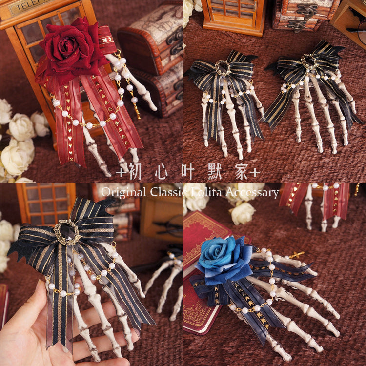 Halloween Gothic Lolita Pearl Chain Hair Clip Dark Style Skull Claw Wing Bow Hair Clip Brooch - Lolita Fetch