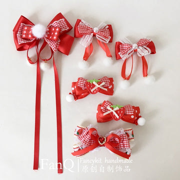 FanQ Handmade Lolita Sweet Little Strawberry Pom-Pom Hair Clip New Year Christmas Red Bowknot Pair Clip KC Hair Accessories