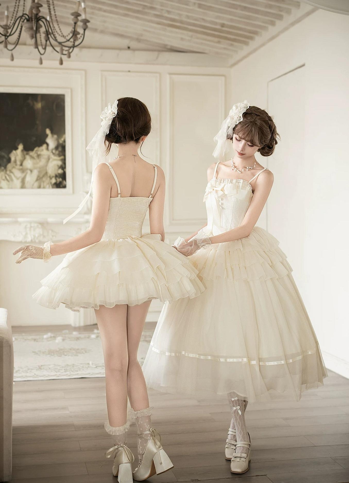 With PUJI - MistKiss Lily - Classic Lolita Tiered Hem JSK Dress, Fishbone Waist