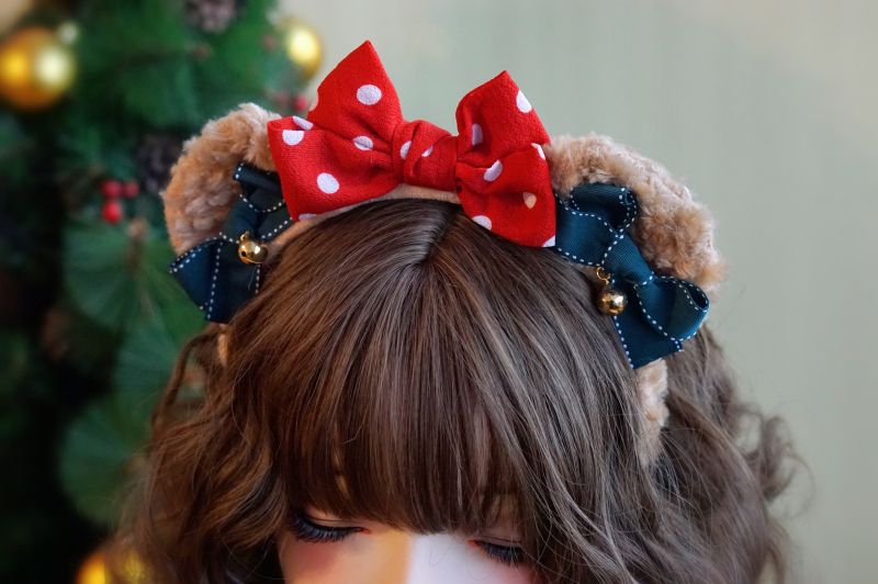 Original Handmade Lolita Bear Ear Bow Hairband - Christmas Themed Hair Accessory