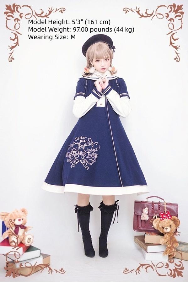 Strawberry Witch - Winter Kawaii Lolita Sailor Collar - Overcoat, Bear Embroidery Outerwear