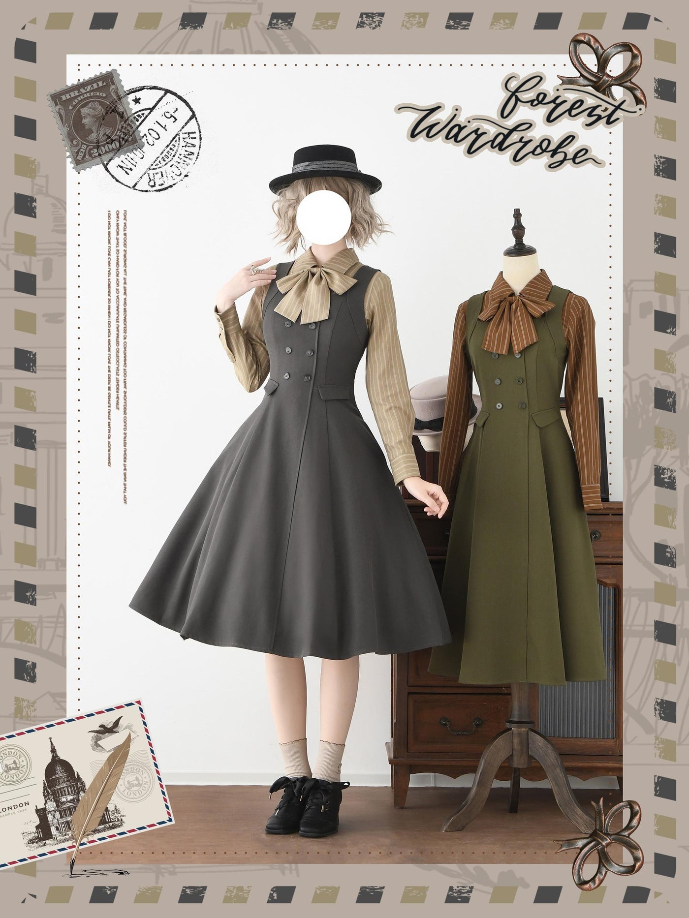Forest Wardrobe - Forest Ode - Classic Lolita Striped Shirt, Detachable Bow Tie