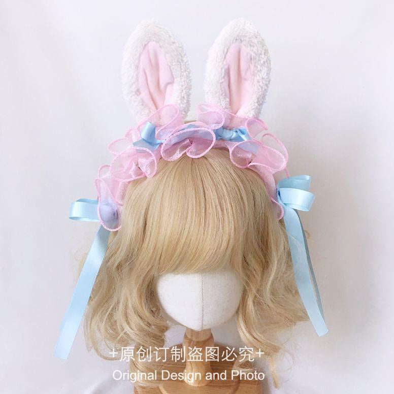 Lolita Handmade Ribbon Bunny KC Sweet Cute Bowknot Bunny Ear Headband Lolita Ruffled Hair Accessory Headwear