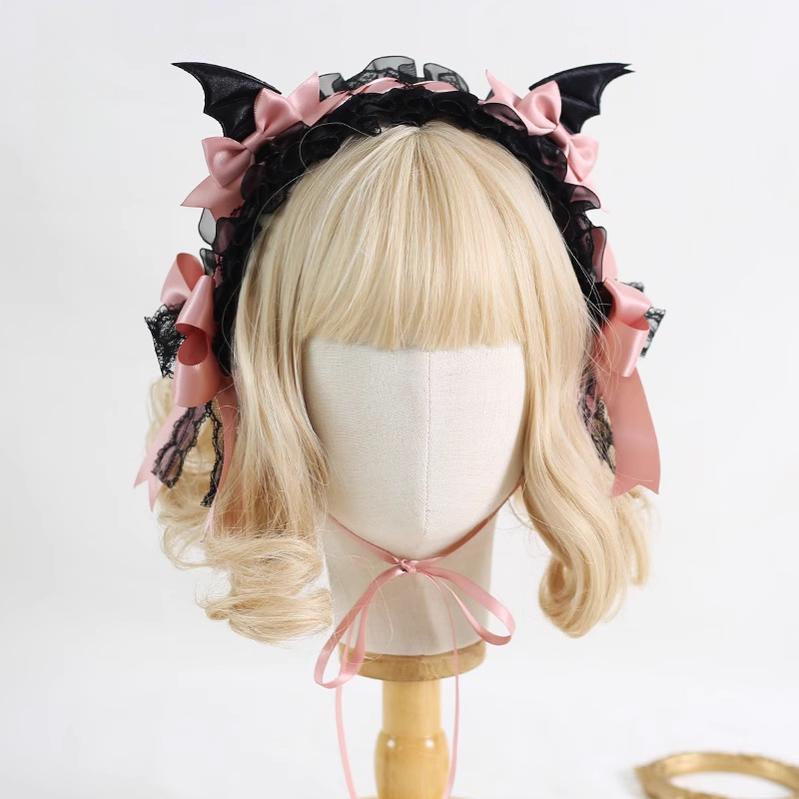 Xiaogui - Halloween Gothic Lolita Hairband, Detachable Devil Wings Black + Korean Pink