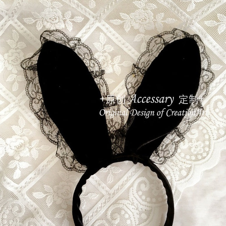 Dark Gothic Lolita black bunny ear headband with French star veil and rose accents, featuring a custom gothic design.