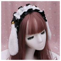 Nezávislá značka - Krajka a stuha - Čelenka s králičíma ušima - Lace Ribbon Rabbit Ear Headband (White + Black)
