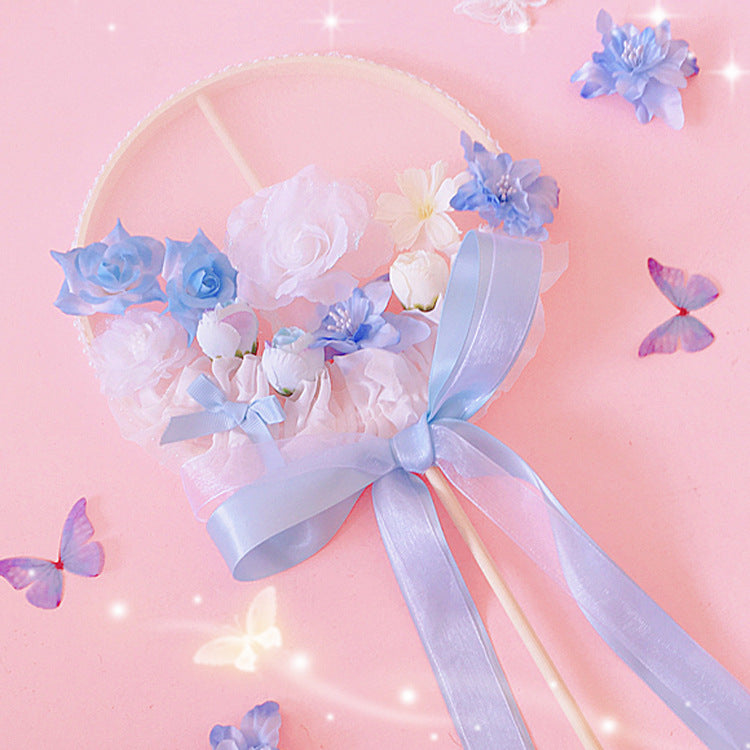 Original Handmade Blue Sakura Lolita Long Handle Round Fan Gorgeous Tea Party Lolita Fairy Wand Photo Prop