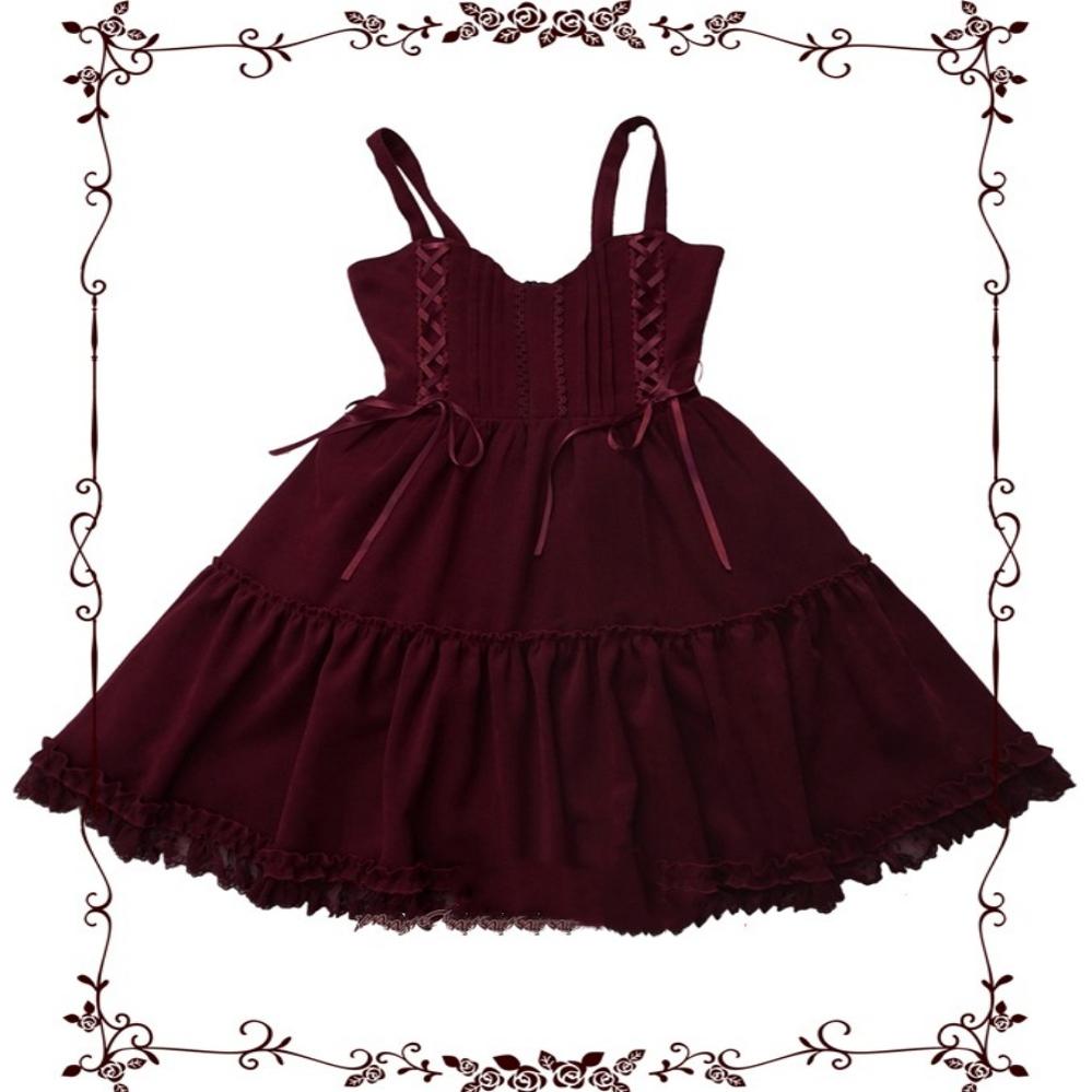 Wine-red Lolita JSK with gathered skirt and chest bow
